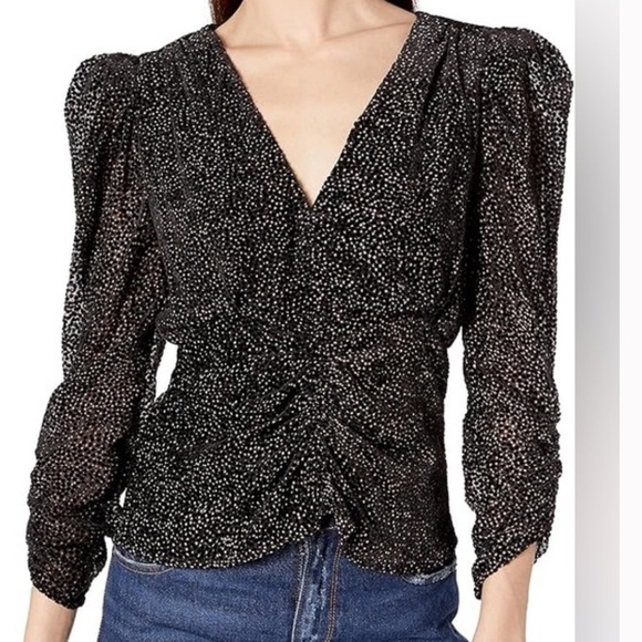 Anthropologie ASTR the label Florence Top Black Velvet Dot M Mutton Sleeves - Picture 1 of 10